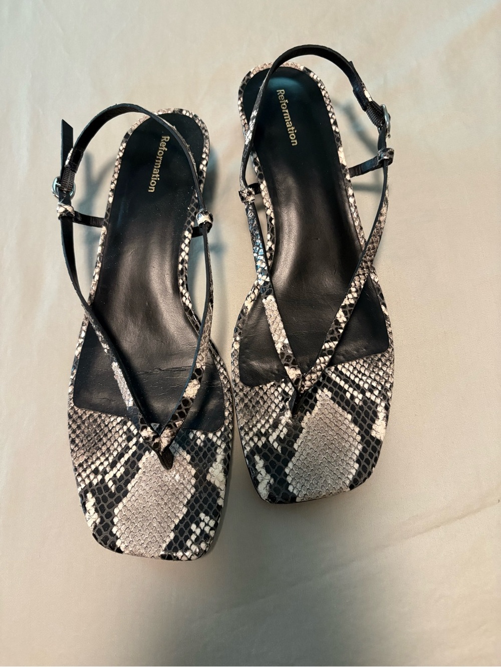 Reformation Black & White Snake-Print Square-Toe Sandals leather size 8.5